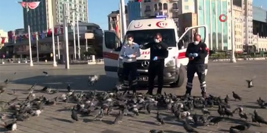 Sağlık çalışanları Taksim'deki kuşları besledi