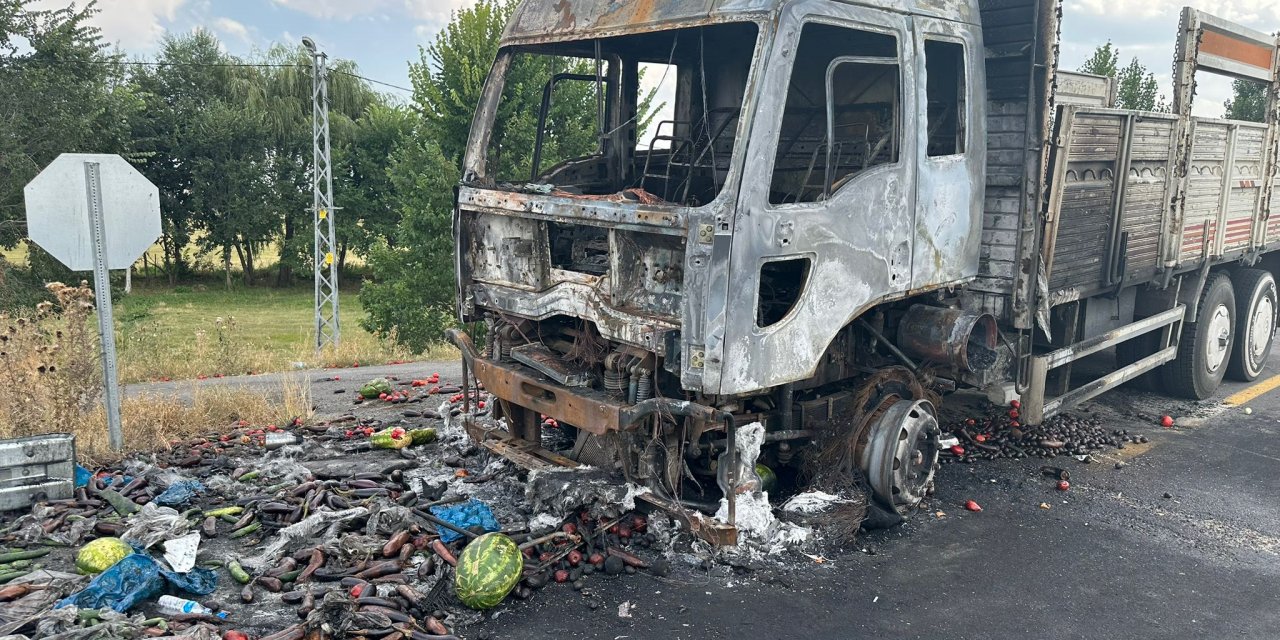 Kars'ta seyir halindeki sebze yüklü kamyon yandı